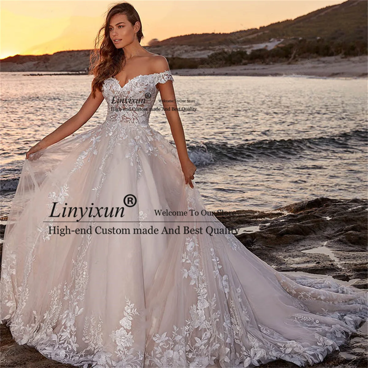 Elegant Off Shoulder Wedding Dresses Appliques A-line Sleeveless Beach Bridal Gowns Back Buttons Sweep Train vestidos de novia
Elegant Off Shoulder Wedding Dresses Appliques A-line Sleeveless Beach Bridal Gowns Back Buttons Sweep Train vestidos de novia
