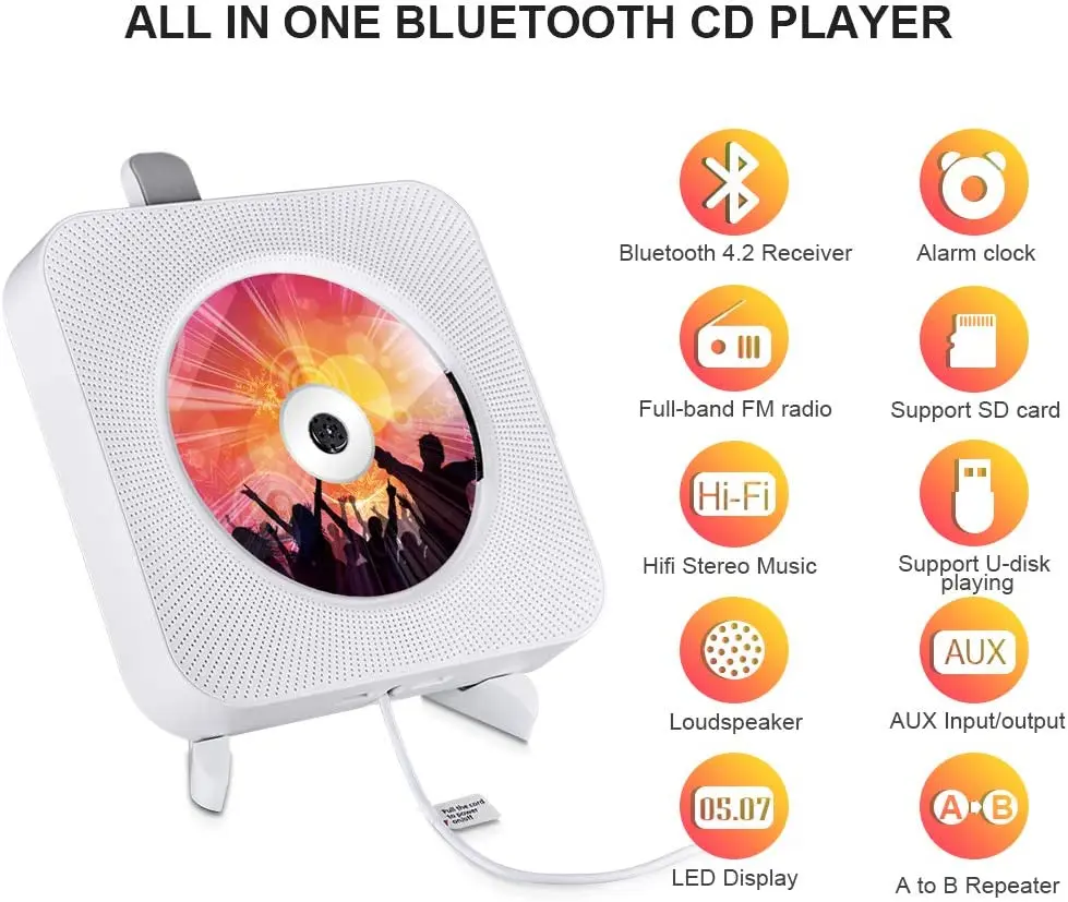 Portable CD Player with Bluetooth Wall Mountable CD Players Music Player Home Audio Boombox with Remote Control FM Radio JackAUX
Portable CD Player with Bluetooth Wall Mountable CD Players Music Player Home Audio Boombox with Remote Control FM Radio JackAUX