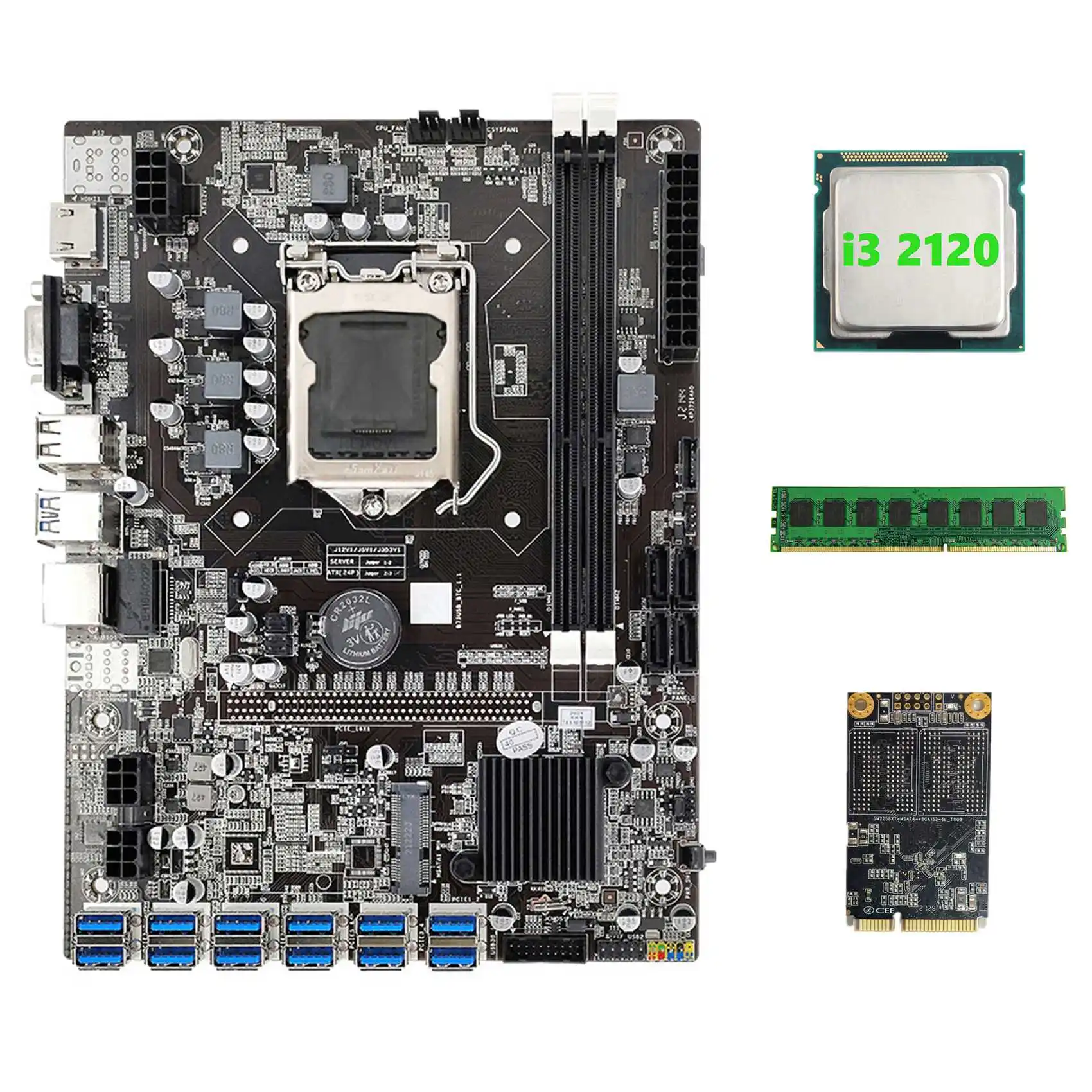 Материнская плата B75 BTC для майнинга 12 PCIE на USB3.0 + I3 2120 ЦП + DDR3 4 Гб 1600 МГц ОЗУ + 128 ГБ MSATA SSD B75 USB материнская плата для майнинга
Материнская плата B75 BTC для майнинга 12 PCIE на USB3.0 + I3 2120 ЦП + DDR3 4 Гб 1600 МГц ОЗУ + 128 ГБ MSATA SSD B75 USB материнская плата для майнинга