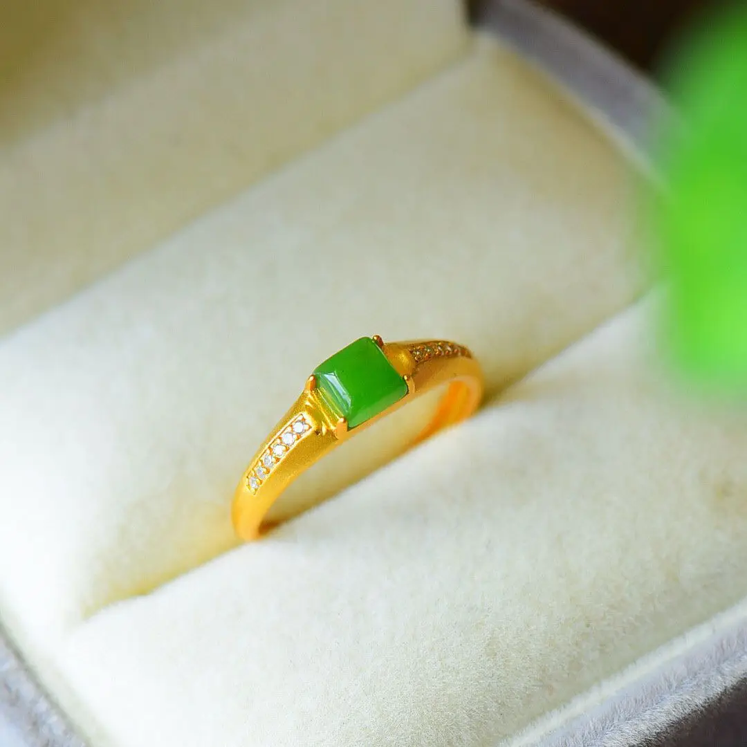 

Женское кольцо с натуральным камнем, золотистое/серебристое квадратное кольцо в простом китайском стиле ретро, регулируемое, универсально...