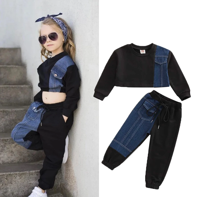 Fashion Autumn Kids Girls Clothes Sets 2pcs Denim Patchwork Long Sleeve Sweatshirt Tops High Waist Pants 2-6 Years 
Fashion Autumn Kids Girls Clothes Sets 2pcs Denim Patchwork Long Sleeve Sweatshirt Tops High Waist Pants 2-6 Years