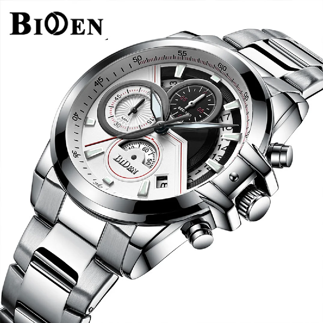 

BIDEN New Mens Business Watches Japan Quartz Movt Stainless Steel Chronograph Sports Waterproof Wristwatch Relogio Masculino