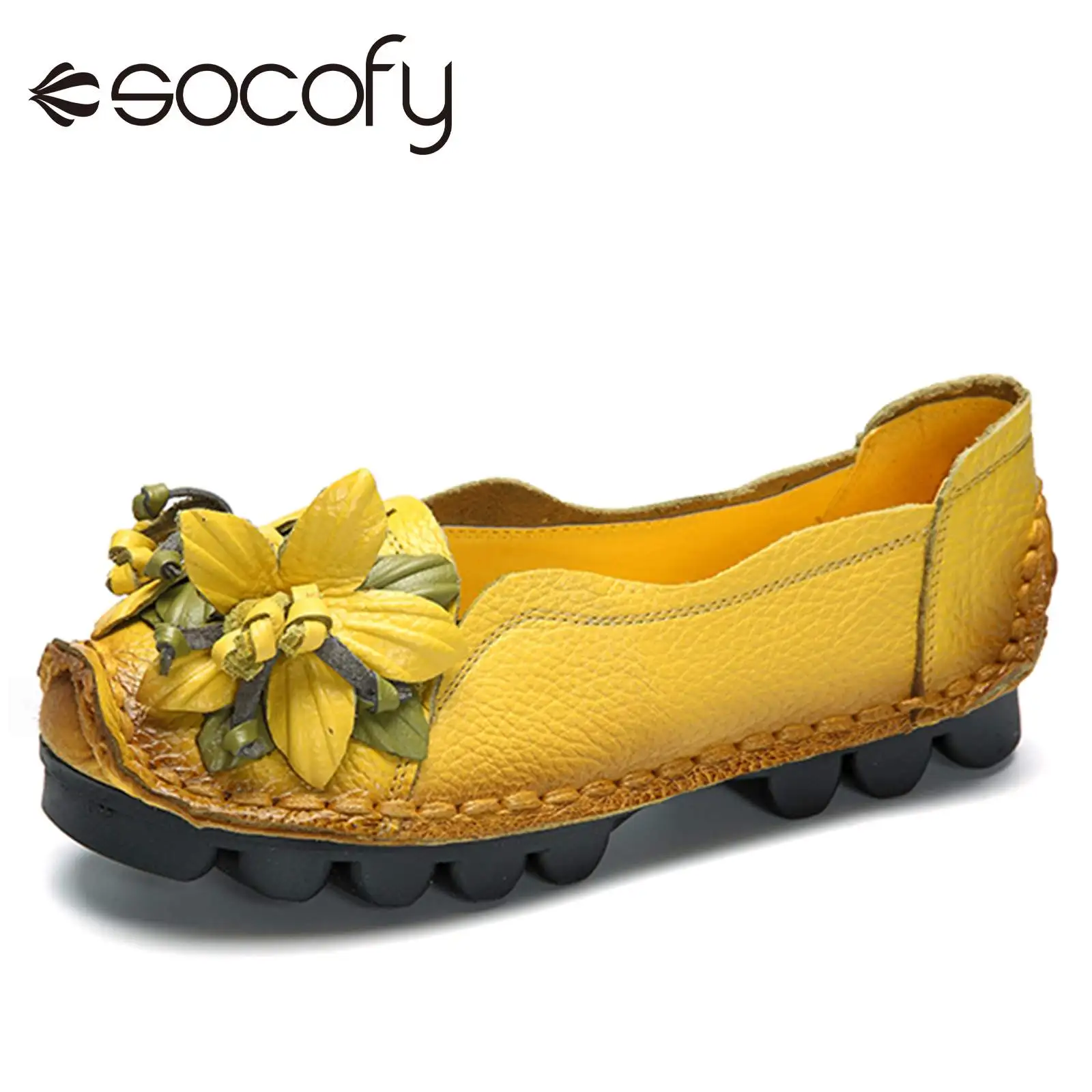 

SOCOFY 2022 Genuine Leather Handmade Women's Flat Shoes Flower Loafers Soft Flat Casual Shoes Adjustable Wedge reathable Shoes