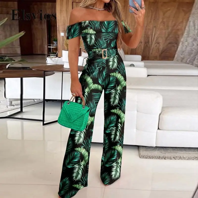

Sexy Off Shoulder Pleat Ruffle Women Romper Fashion Casual Belted Slim Playsuit Overalls Summer Leaf Print Office Lady Jumpsuits