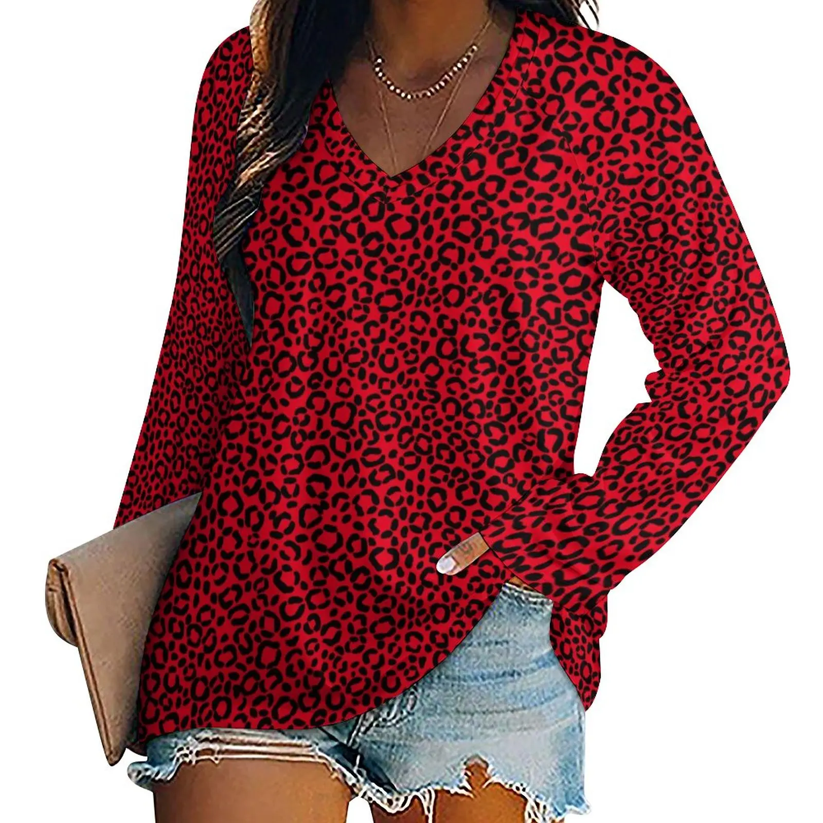 

Красно-черная футболка с леопардовым принтом, зимняя корейская модная футболка с животным мехом, красивая футболка с длинным рукавом, женская одежда с рисунком