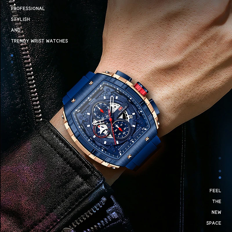 

Sport Chronograph Quartz Watch for Men Fashion Blue Silicone Strap Tonneau Dial Wristwatch with Date 3atm Waterproof