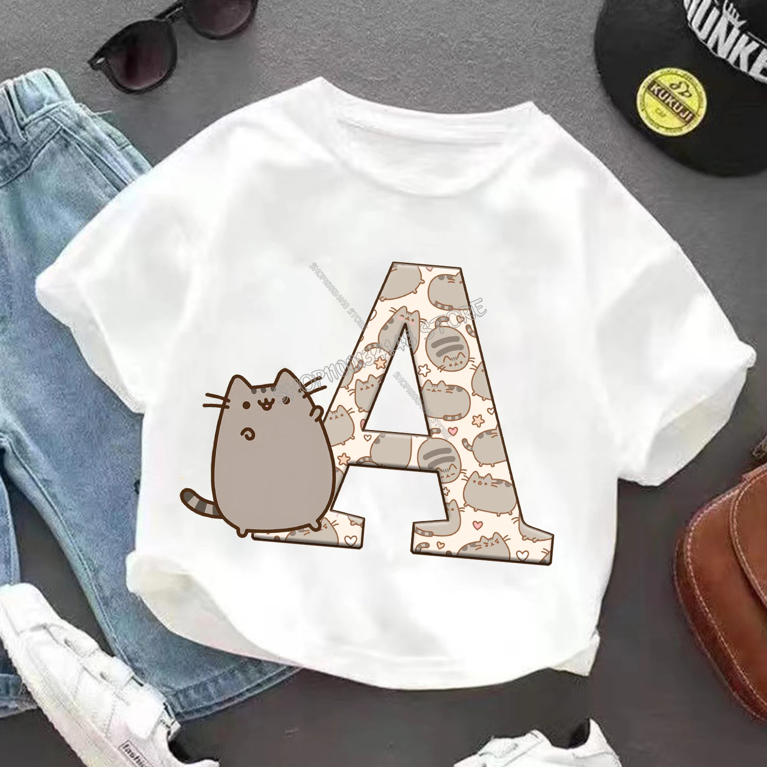 Pusheen Кот Футболка для детей Буквы A-Z Топ Милая мультяшная Одежда мальчиков