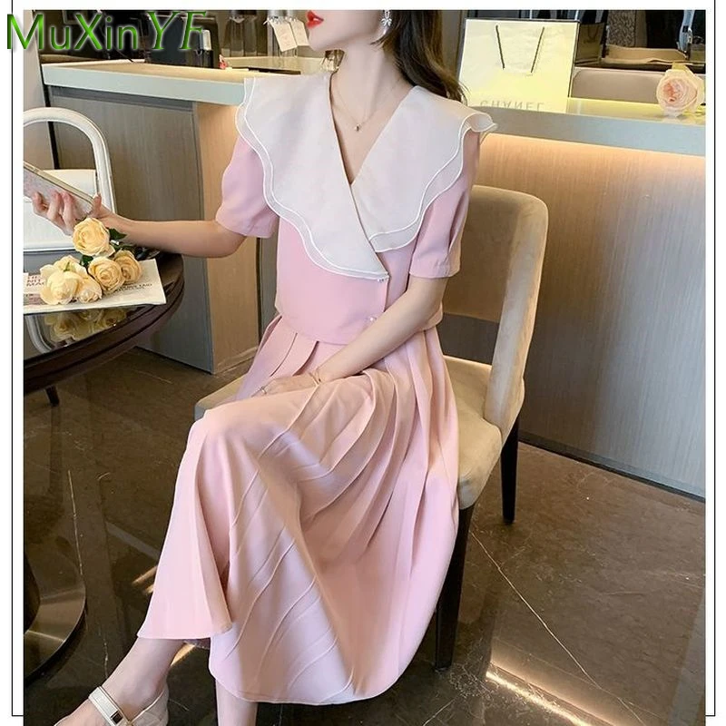 2022 Summer Women's Sweet Pink 2 Piece Skirt Set Korean Girls Elegant Ruffles Collar Short Tops High Waist Pleated Skirt Outfits
2022 Summer Women's Sweet Pink 2 Piece Skirt Set Korean Girls Elegant Ruffles Collar Short Tops High Waist Pleated Skirt Outfits