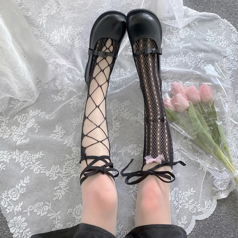 

Кружевные ажурные чулки Jk Tie, асимметричные носки до середины икры, женские носки средней длины, летние пикантные длинные японские носки 2023