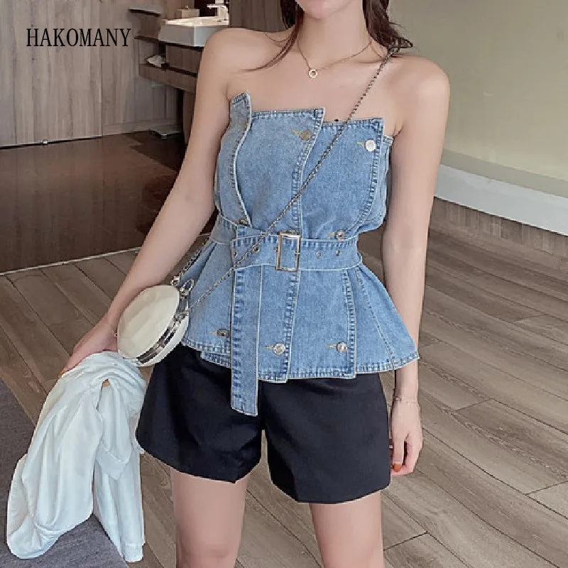 

Women Tank Strapless Sleeveless High Waist With Sashes Vests 2 style wears 2023 Summer Sexy Ruched Irregular Denim Crop Top