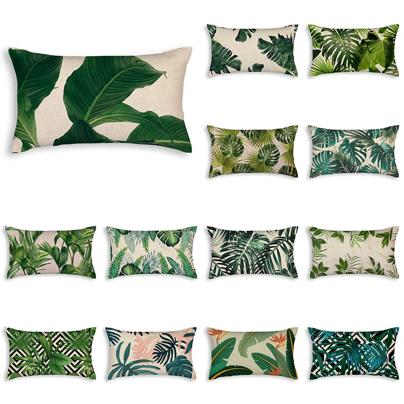 

Green Tropical Leaves Plant Sofa Pillow Cover 30x50cm Rectangle Cushion Cover Cotton Linen Pillow Case Ins Flower Big Leaf Decor