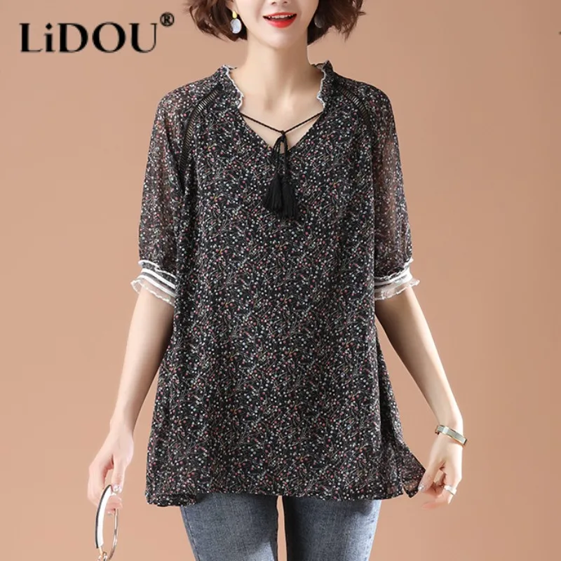 Tops Women Blouse Spring Summer Loose V-neck Pullovers Patchwork Printing Lace Elegant Fashion Casual Office Lady Korean Style
Tops Women Blouse Spring Summer Loose V-neck Pullovers Patchwork Printing Lace Elegant Fashion Casual Office Lady Korean Style