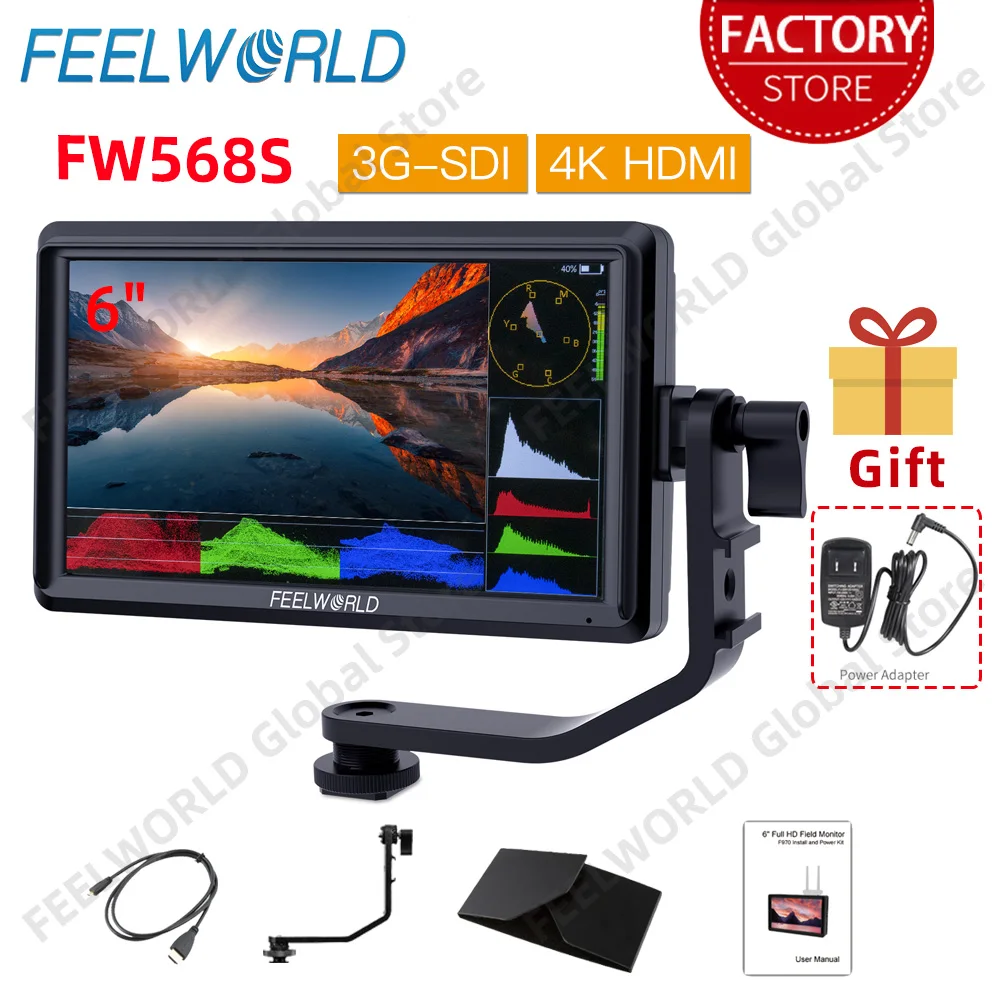 

FEELWORLD FW568S 6 Inch On Camera Video Monitor IPS 1920X1080 3G-SDI 4K HDMI Input OUtput F970 External Power and Install Kit