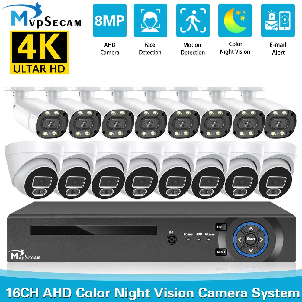 

8MP 16CH AHD DVR IP66 Ourdoor Full Color Night Motion Detection Security Camera System Set 4K CCTV Video Surveillance System Kit