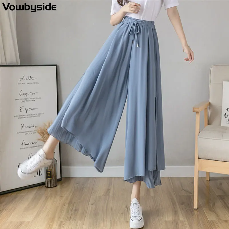 Summer Women's Wide Leg Pants Solid Color Casual Ankle Length Pants Fashion Pleated Culottes Elastic Waist High Waist Capris
Summer Women's Wide Leg Pants Solid Color Casual Ankle Length Pants Fashion Pleated Culottes Elastic Waist High Waist Capris
