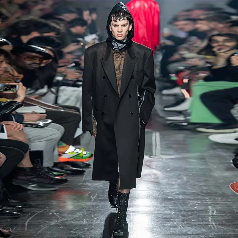 Мужская двубортная ветровка, модная трендовая однотонная черная приталенная куртка выше колена с большим рукавом на молнии для отдыха