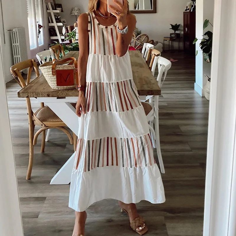 Summer Women's Sleeveless Casual Women's Long Dress O-neck Stripe Print Loose A-line Skirt Elegant Long Dress Vestido De Mujer
Summer Women's Sleeveless Casual Women's Long Dress O-neck Stripe Print Loose A-line Skirt Elegant Long Dress Vestido De Mujer