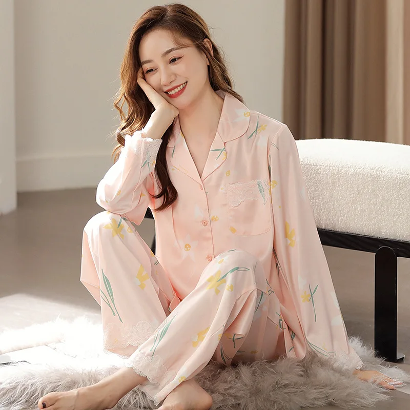 Пижама женская из вискозы, тонкая пижама с длинным рукавом, имитация шелка, домашняя одежда, весна-осень 
Пижама женская из вискозы, тонкая пижама с длинным рукавом, имитация шелка, домашняя одежда, весна-осень
