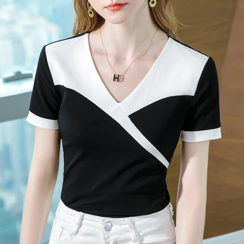 Short sleeved T-shirt Women's Summer New Women's Fashion Contrast Panel Cotton T-shirt Temperament V-neck Unique Waist Wrap Top
Short sleeved T-shirt Women's Summer New Women's Fashion Contrast Panel Cotton T-shirt Temperament V-neck Unique Waist Wrap Top