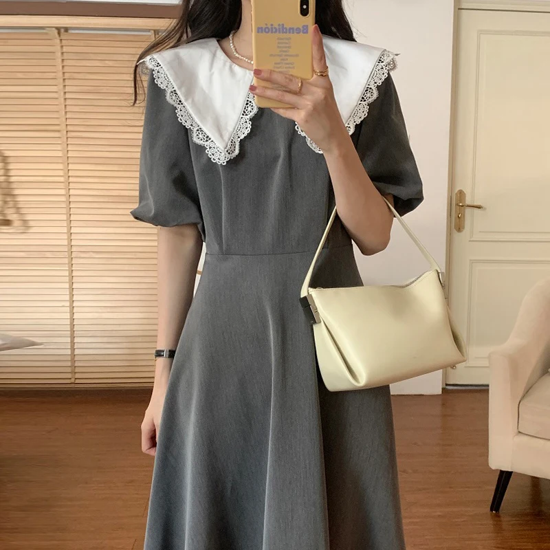 Vestido Mujer Korean Chic Summer Lace Large Lapel Pleated Waist Slim Puff Short Sleeve Gray Dress Long Casual Black Midi
Vestido Mujer Korean Chic Summer Lace Large Lapel Pleated Waist Slim Puff Short Sleeve Gray Dress Long Casual Black Midi