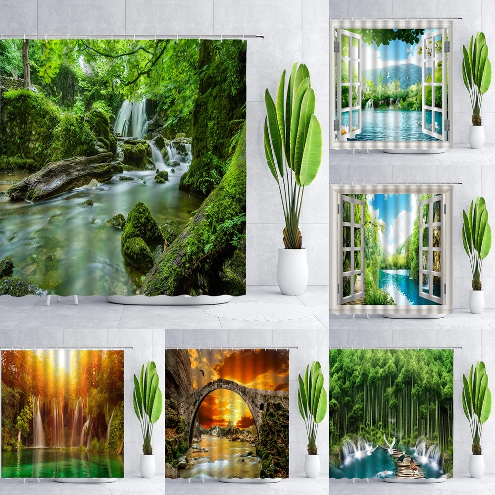 

Waterfall Shower Curtain Forest Lake Natural Tropical Rainforest Green Jungle Trees Plant Scenery Fabric Bathroom Curtains Sets