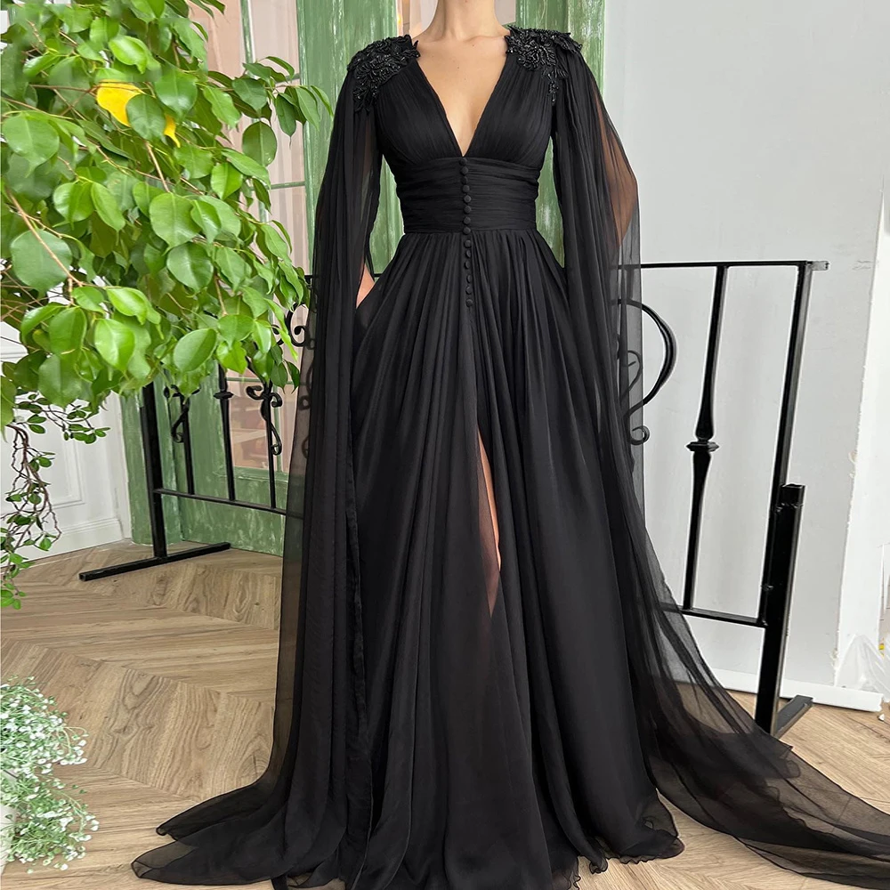 Black V Neck Chiffon Evening Dresses Long Sleeve Floor Length Appliques Beading Side Split Illusion A-Line Eveing Gowns 2023
Black V Neck Chiffon Evening Dresses Long Sleeve Floor Length Appliques Beading Side Split Illusion A-Line Eveing Gowns 2023