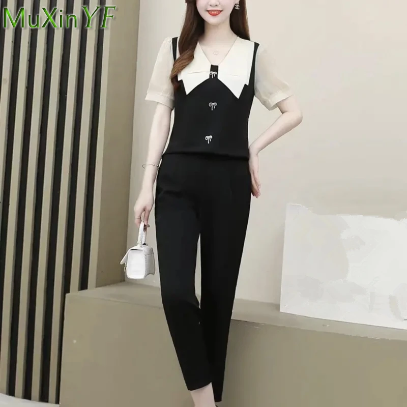 Women's Graceful Chiffon Shirt Pants 2 Piece Set Summer 2022 Korean Office Lady Elegant Black Patchwork Tops Trousers Outfits
Women's Graceful Chiffon Shirt Pants 2 Piece Set Summer 2022 Korean Office Lady Elegant Black Patchwork Tops Trousers Outfits