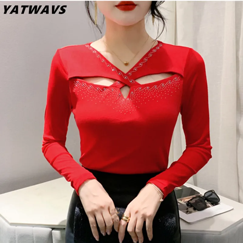 2023 New Autumn Women's T-Shirt Fashion Long Sleeved Slim Casual Tops Chic V-Neck Sexy Hollow Out Hot Diamonds Tees Blusas
2023 New Autumn Women's T-Shirt Fashion Long Sleeved Slim Casual Tops Chic V-Neck Sexy Hollow Out Hot Diamonds Tees Blusas
