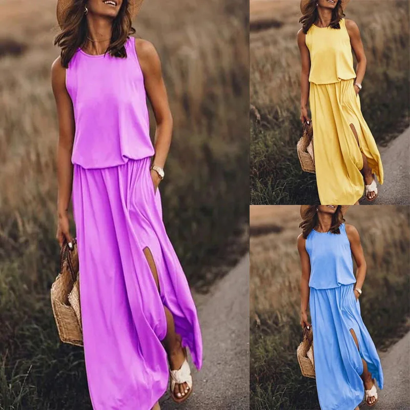

2023 New European and American women's crewneck sleeveless dress slit solid color leisure commuter dress