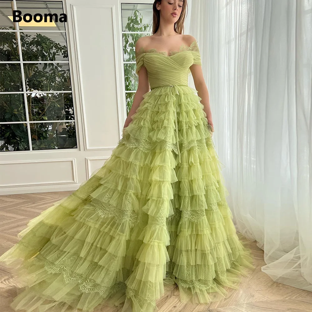 Booma Light Green Ruffled Tulle Maxi Prom Dresses Off the Shoulder Lace Trims Frill-Layered Tiered A-Line Wedding Party Gowns
Booma Light Green Ruffled Tulle Maxi Prom Dresses Off the Shoulder Lace Trims Frill-Layered Tiered A-Line Wedding Party Gowns