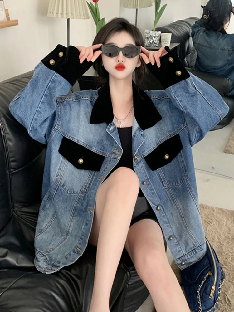 Women's Denim Jacket Fashion Turn Down Collar Long Sleeve Velvet Patchwork Outerwear Korean Version Loose Casual Jean Jacket
Women's Denim Jacket Fashion Turn Down Collar Long Sleeve Velvet Patchwork Outerwear Korean Version Loose Casual Jean Jacket
