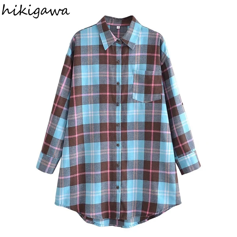 Hikigawa Women Fashion Turn Down Collar Single Breasted Blue Plaid Texture Loose Long Shirts Vintage Long Sleeve Female Blouse 
Hikigawa Women Fashion Turn Down Collar Single Breasted Blue Plaid Texture Loose Long Shirts Vintage Long Sleeve Female Blouse
