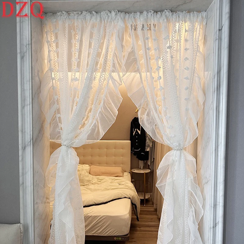 

French Idyllic White Polka Dot Window Tulle Door Curtain for Living Room Warp Ruffled Rural Gauze Half Curtain for Kitchen #A386