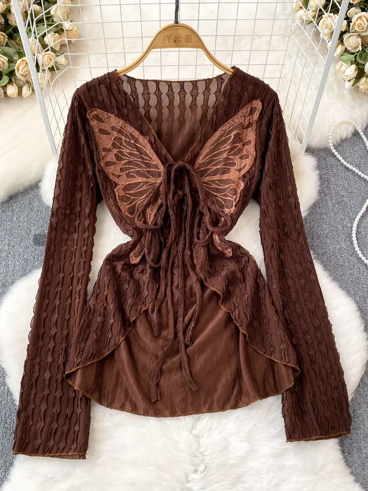 Women Spring Autumn Blouse Pure Desire Long Sleeve Bow V-Neck Lace Up Slim Fit Irregular Chiffon Shirt Foreign Style Top D5608
Women Spring Autumn Blouse Pure Desire Long Sleeve Bow V-Neck Lace Up Slim Fit Irregular Chiffon Shirt Foreign Style Top D5608