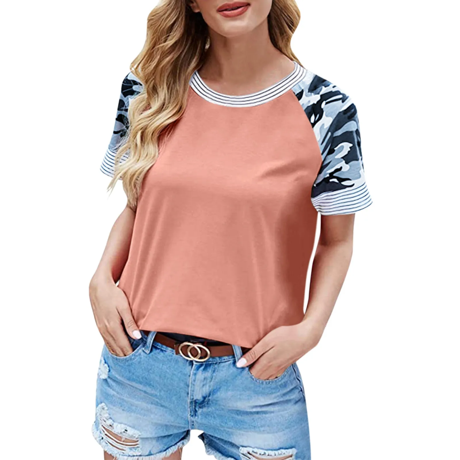 Women Casual Patchwork Cotton Blouse Tops Short Sleeve Camouflage Printed Shirt Tops 
Women Casual Patchwork Cotton Blouse Tops Short Sleeve Camouflage Printed Shirt Tops