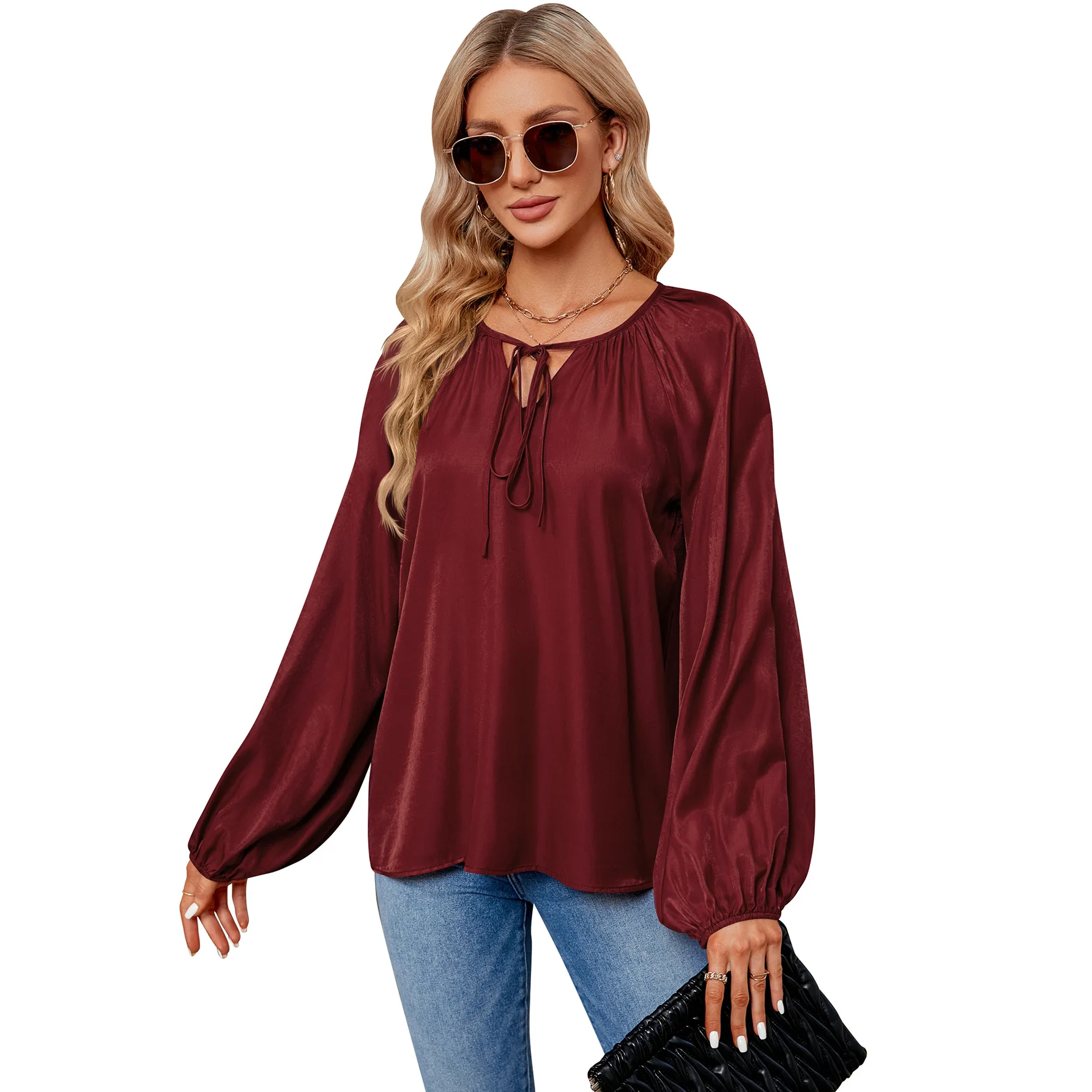 Long Sleeve V-neck Lace-up Women's Shirt with Lantern Sleeves Fall Casual Elegant Commuter Top
Long Sleeve V-neck Lace-up Women's Shirt with Lantern Sleeves Fall Casual Elegant Commuter Top