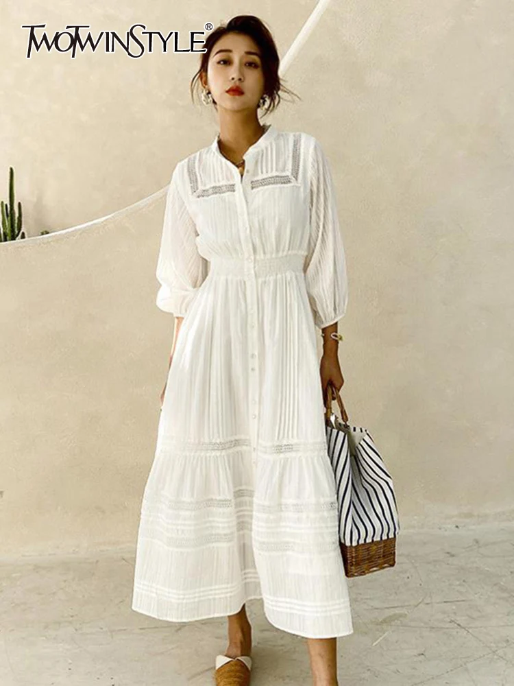 TWOTWINSTYLE Minimalist Dresses For Women Stand Collar Long Sleeve High Waist Tunic Patchwrok Single Breasted Dress Female 2023
TWOTWINSTYLE Minimalist Dresses For Women Stand Collar Long Sleeve High Waist Tunic Patchwrok Single Breasted Dress Female 2023