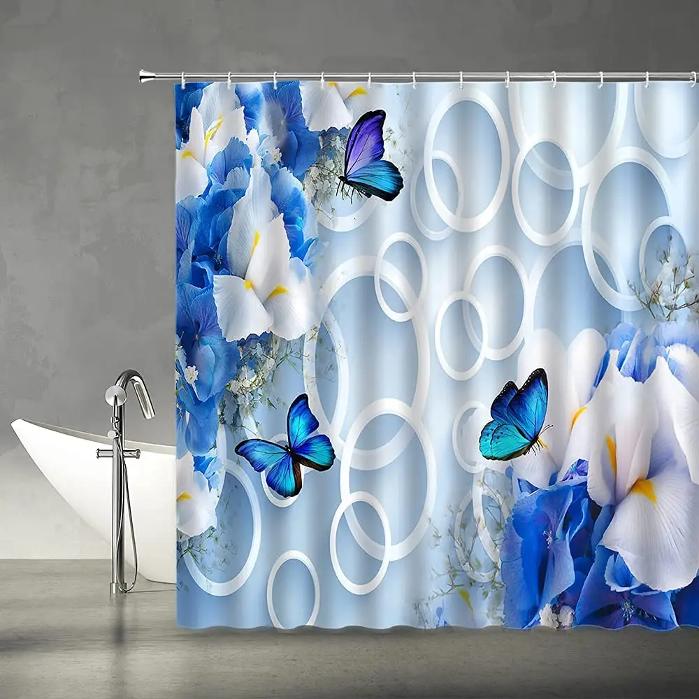 Занавеска для душа с голубыми цветами, бабочками, розовыми и синими цветами
Занавеска для душа с голубыми цветами, бабочками, розовыми и синими цветами