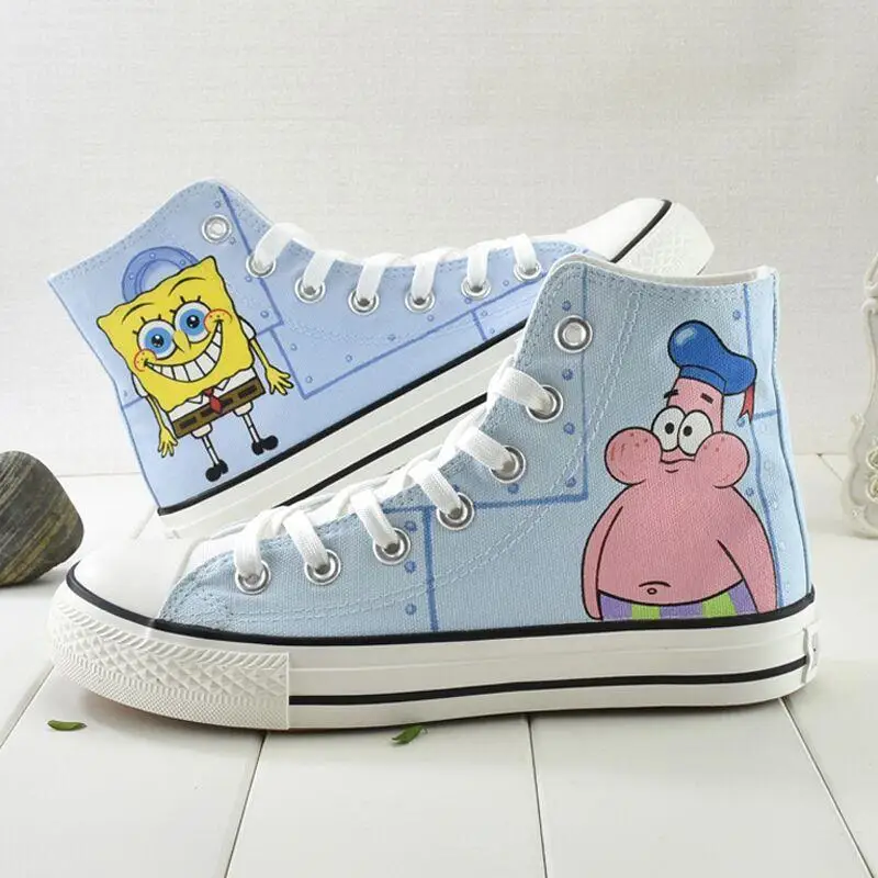 

Spongebob Squarepants Cartoon Blue High-Top Canvas Couple Shoes 2023 Spring Models Painted Board Shoes Anime Plush Birthday Gift