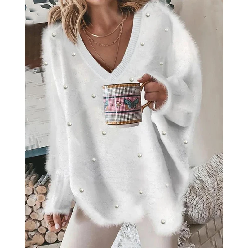 Women Autumn Fashion Beaded Decor Long Sleeve Fluffy Top Casual V-neck Tee Sweater
Women Autumn Fashion Beaded Decor Long Sleeve Fluffy Top Casual V-neck Tee Sweater