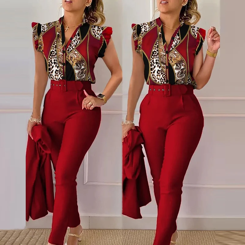 Summer Women's V Neck Ruffle Sleeve Long Sets Print Single Breasted Buckle Top & High Waist Solid Color Pencil Pants Belt Sets
Summer Women's V Neck Ruffle Sleeve Long Sets Print Single Breasted Buckle Top & High Waist Solid Color Pencil Pants Belt Sets