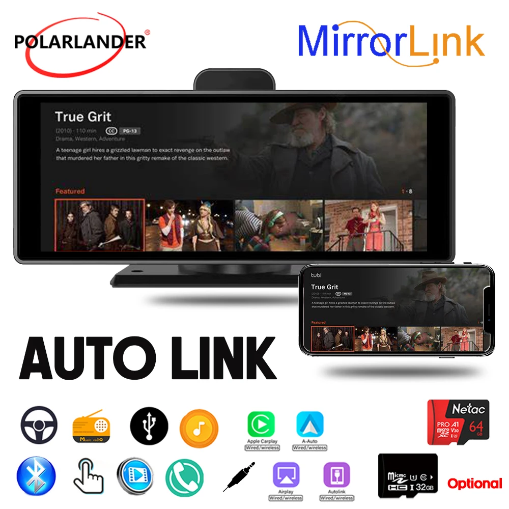 Автомобильный монитор, Bluetooth 5,0, T97/T94, AHD камера, 10 дюймов, смарт-широкоформатная беспроводная, Carplay, Android, авто, 4k, HD, 32 ГБ/46 ГБ, SD-карта 1080P