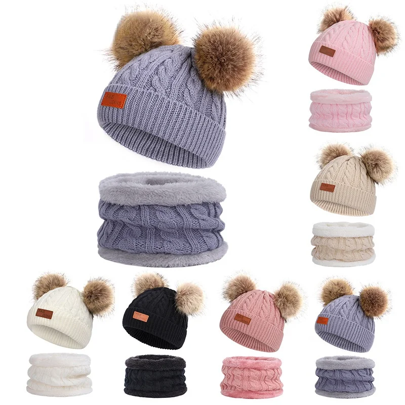 

2021Cute Hat Scarf Set Beanie Cap Children's Hats Girls Fake Ball Pompon Twist Plush Keep Warm Winter Knitted Skullies Kids Bone