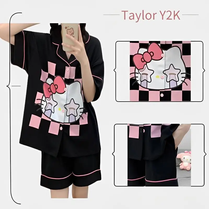

2023 Kawaii Hello Kitty Women's Pajamas Cartoon Anime Home Clothes Sanrio Y2K Fashion Pretty Top Shorts Summer Thin 2 Piece Set