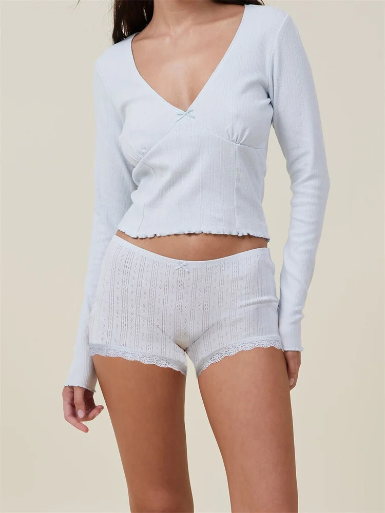 Женские пижамные комплекты CHRONSTYLE, 2 шт., костюмы для отдыха, однотонные футболки с длинным рукавом и V-образным вырезом, Короткие топы и кружевные шорты, одежда для сна 
Женские пижамные комплекты CHRONSTYLE, 2 шт., костюмы для отдыха, однотонные футболки с длинным рукавом и V-образным вырезом, Короткие топы и кружевные шорты, одежда для сна