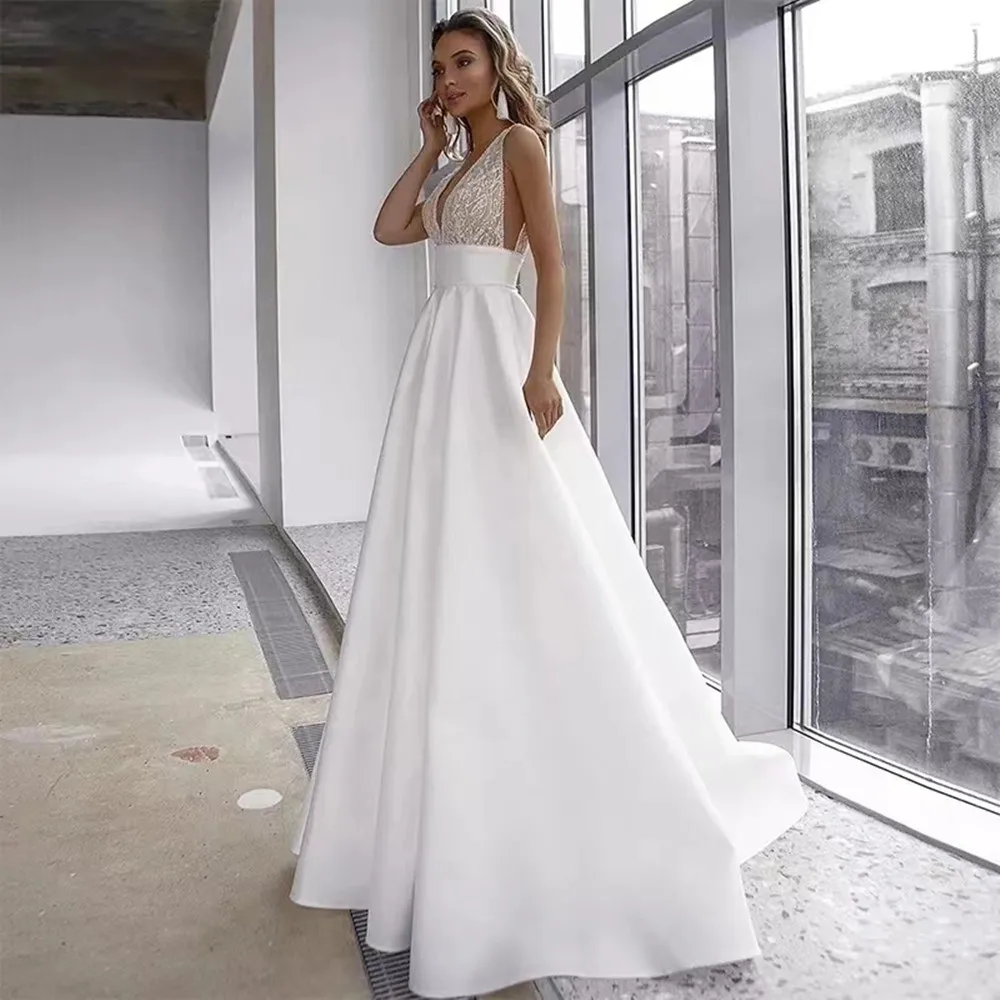 Wedding Dresses Sleeveless A-line Sequins Satin Bridal Dress Women Backless Bride Gown Backless Stylish Свадебное платье
Wedding Dresses Sleeveless A-line Sequins Satin Bridal Dress Women Backless Bride Gown Backless Stylish Свадебное платье