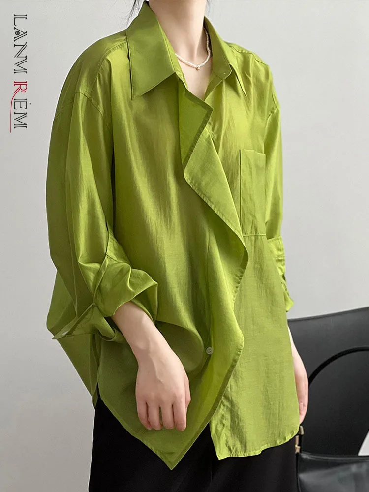 

LANMREM тонкая Однотонная рубашка для женщин, модные однобортные топы с лацканами и длинными рукавами в стиле пэчворк, женская одежда, новинка 2023, 2YA1692
