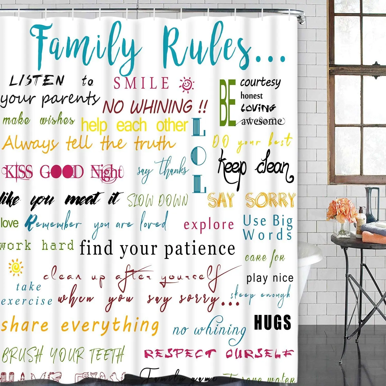 Family Rules Educational Shower Curtain with 12 Hooks Motivational and Inspirational Quotes Bathroom Shower Curtains Waterproof
Family Rules Educational Shower Curtain with 12 Hooks Motivational and Inspirational Quotes Bathroom Shower Curtains Waterproof