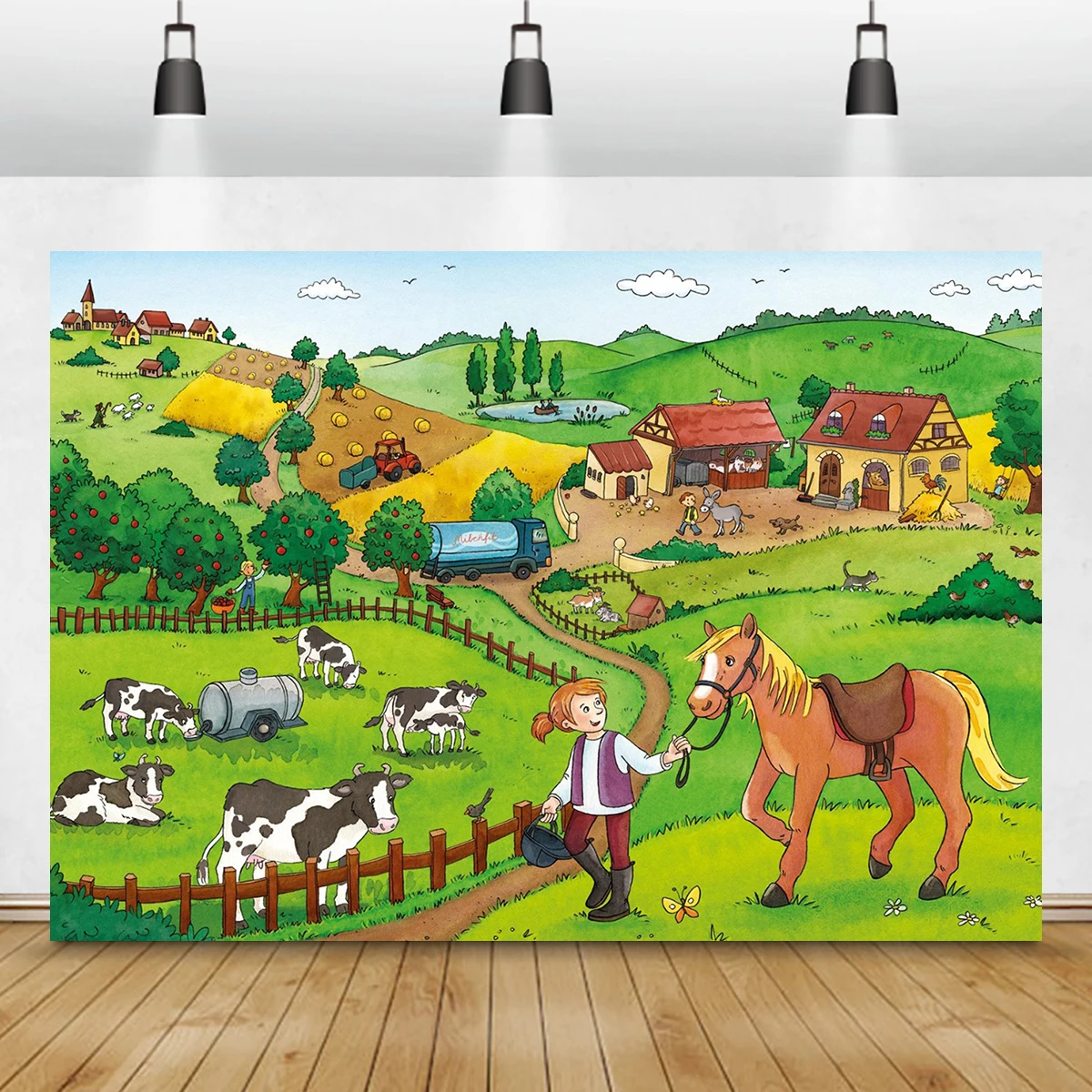 

Green Hill Dairy Cattle Countryside Backdrop Birthday Party Decoration Cock Horse Truck Photography Banner Barn Fence Background