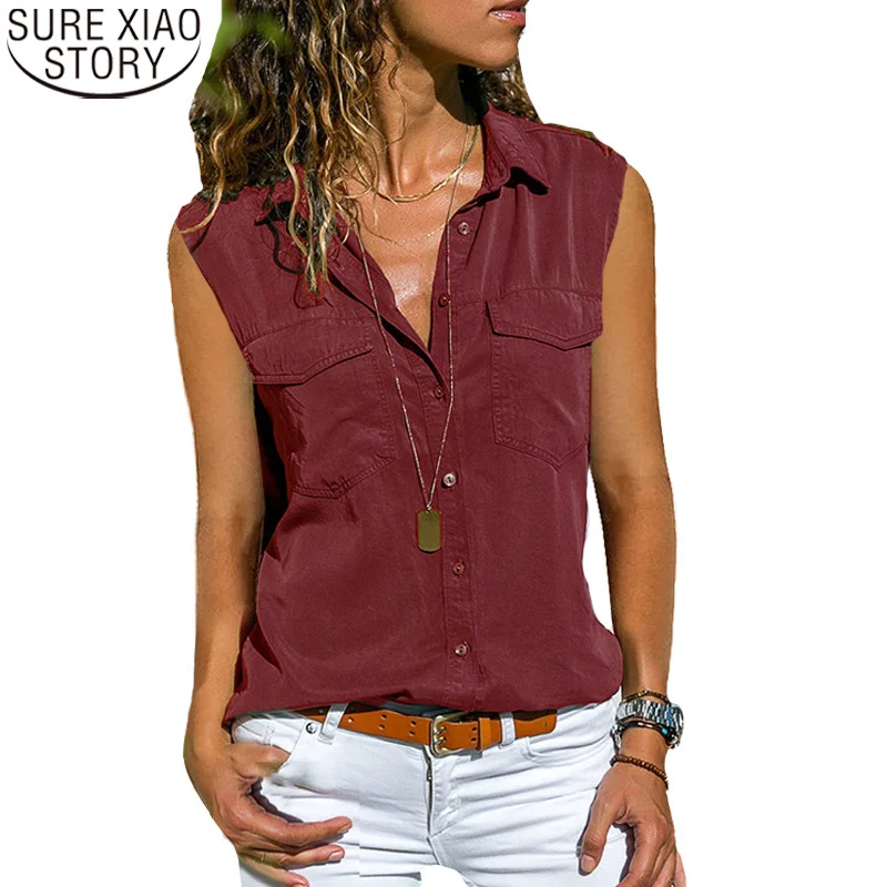 Casual Turn Down Collar Sleeveless Shirt S-8XL Fashion Tops Summer Loose Solid Button Pocket Blouse Women Clothes Blusas 21648
Casual Turn Down Collar Sleeveless Shirt S-8XL Fashion Tops Summer Loose Solid Button Pocket Blouse Women Clothes Blusas 21648